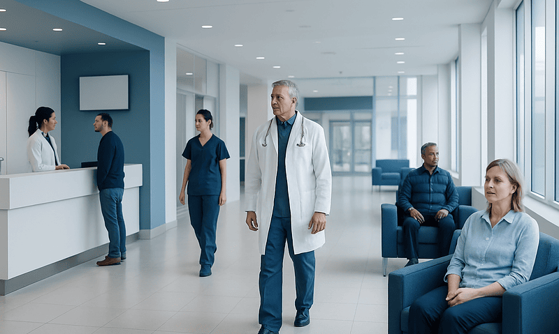 Hospital waiting area with medical staff and patients at Acibadem Hospitals Group.