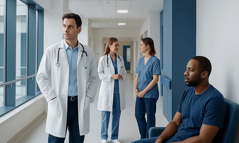 Medical team consulting with patient in hospital corridor.