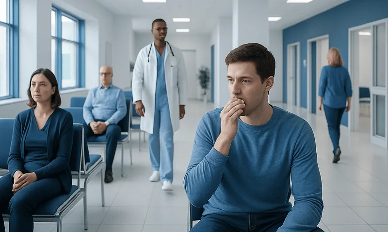 Patient experiencing a soapy aftertaste in mouth at hospital waiting area.