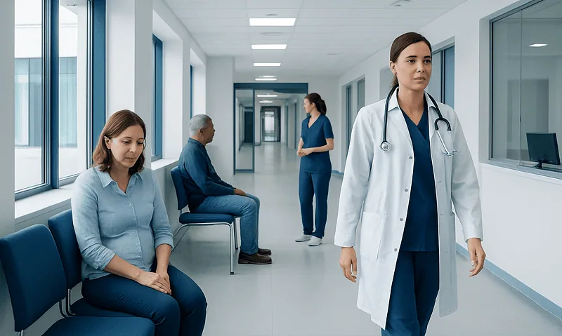 Healthcare professionals and patients in a modern hospital corridor.