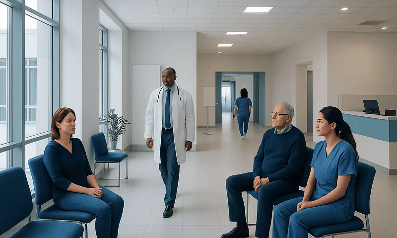 Medical consultation in a modern hospital waiting area with healthcare professionals and patients.