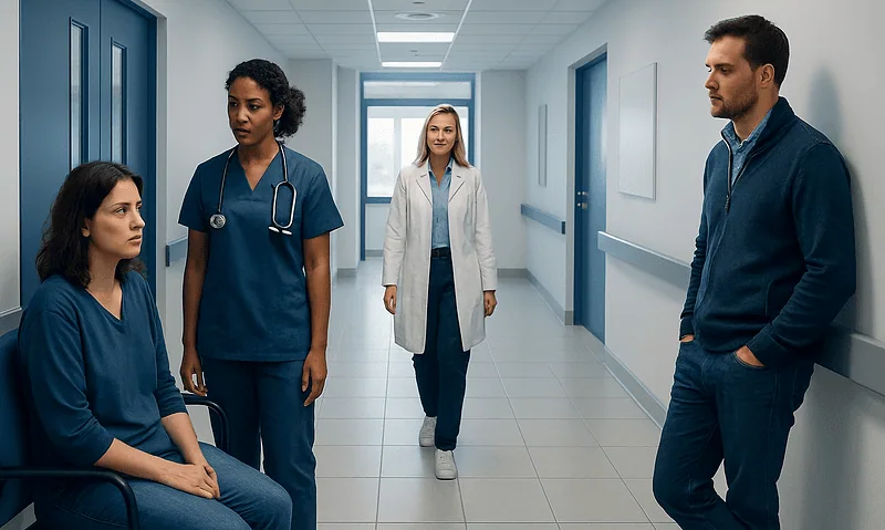 Postpartum Rage: What Patients Need to Know 5 Medical team discussing patient care in hospital corridor.