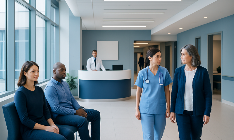 Patients waiting in a modern hospital lobby with medical staff nearby.