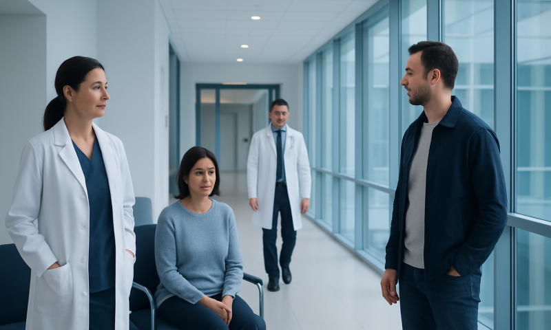 Medical consultation with healthcare professionals and patient in hospital corridor.