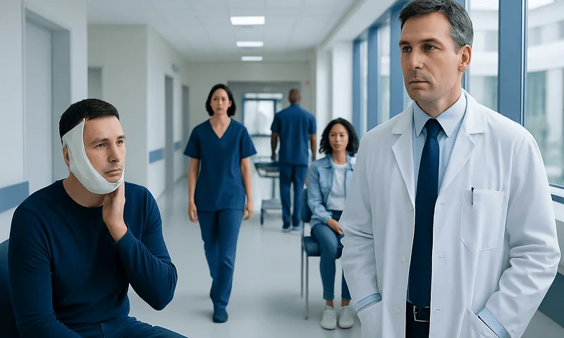 Patient with jaw injury consulting with doctor in hospital corridor.