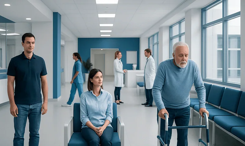 Patients waiting in a hospital corridor with medical staff in the background.