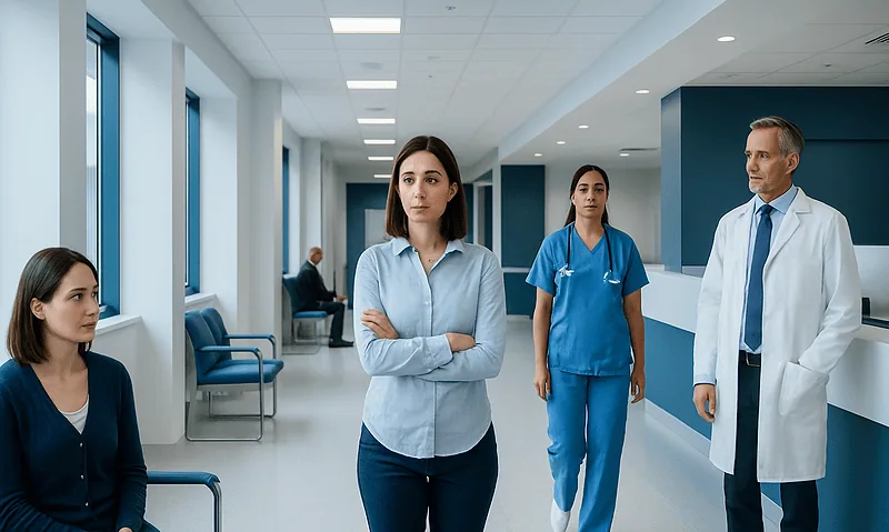 Medical staff and patient in hospital corridor at Acibadem Hospitals Group.