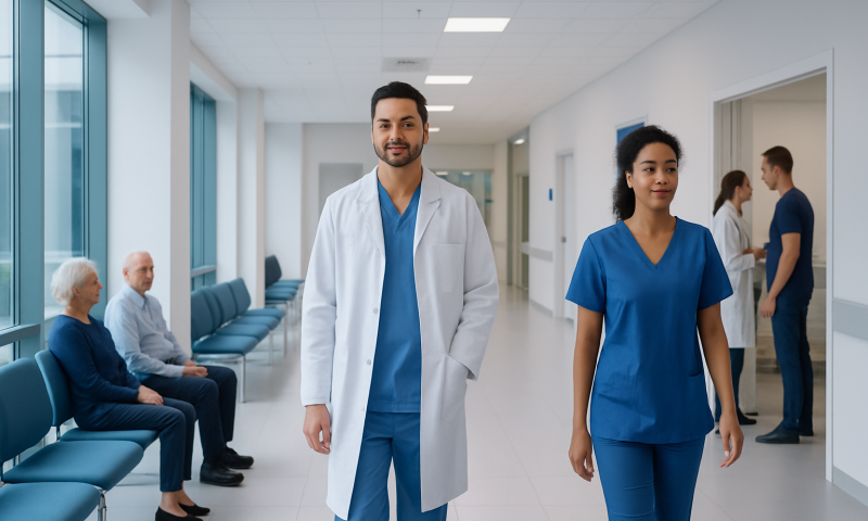 Healthcare professionals walking in a hospital corridor with elderly patients seated.