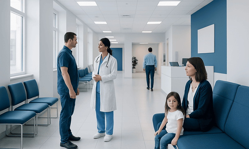Doctors and a patient with a child in a hospital corridor.