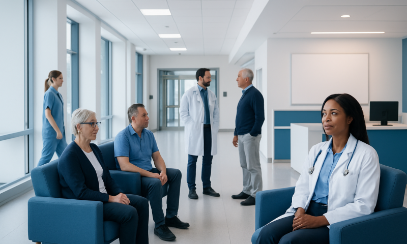 Medical consultation in a modern hospital waiting area with doctors and patients.