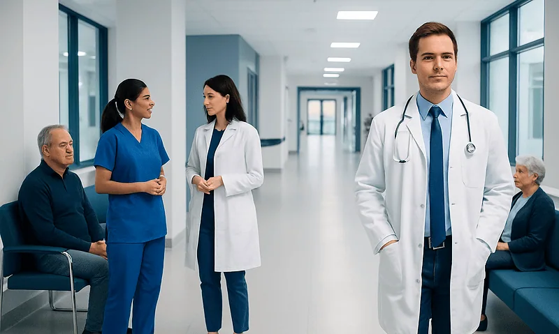 Medical team with patients in hospital corridor at Acibadem Hospitals Group.