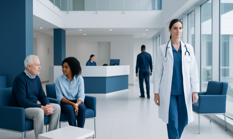 Healthcare professionals and patients in a modern hospital lobby.