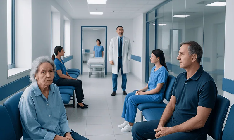Hospital waiting room with patients and medical staff.