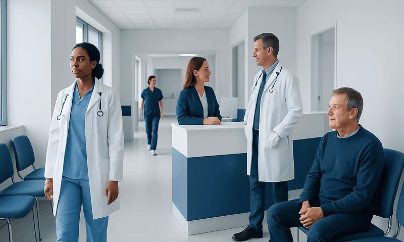 Medical staff and patient in hospital corridor at Acibadem Hospitals Group.