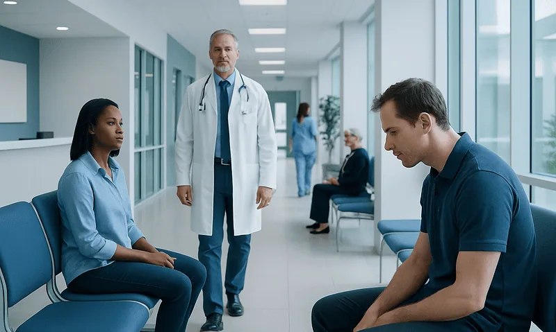 Forward Head Posture: A Complete Medical Overview 5 Doctor consulting with patients in a hospital corridor.