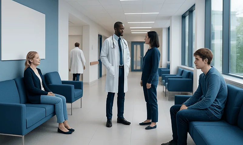 Doctor consulting with a patient in a hospital corridor.
