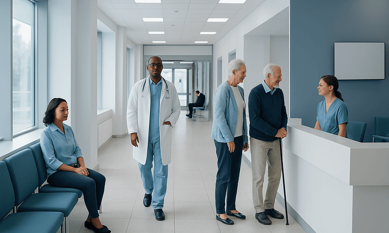 Healthcare professionals and patients in a hospital corridor at Acibadem Hospitals Group.