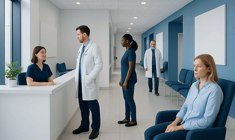 Medical consultation in a hospital reception area with healthcare professionals and patients.