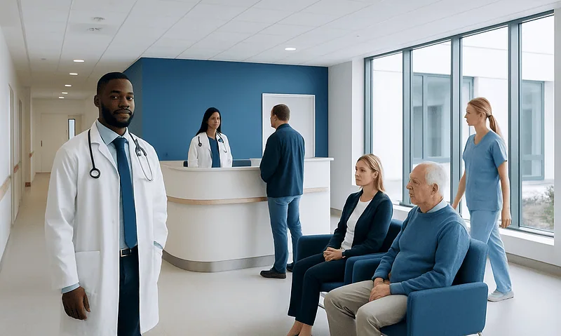 Medical staff and patients in a modern hospital reception area.