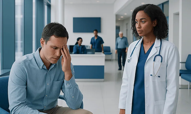 Patient experiencing headache and nosebleed in hospital setting.