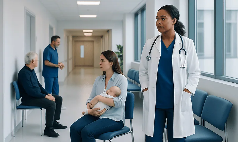 Healthcare professionals and patients in a hospital corridor.