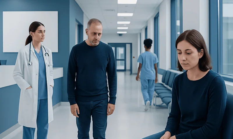 Patient in hospital corridor with medical staff and healthcare workers.