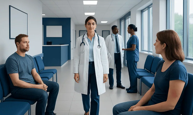 Healthcare professionals and patients in a hospital corridor.