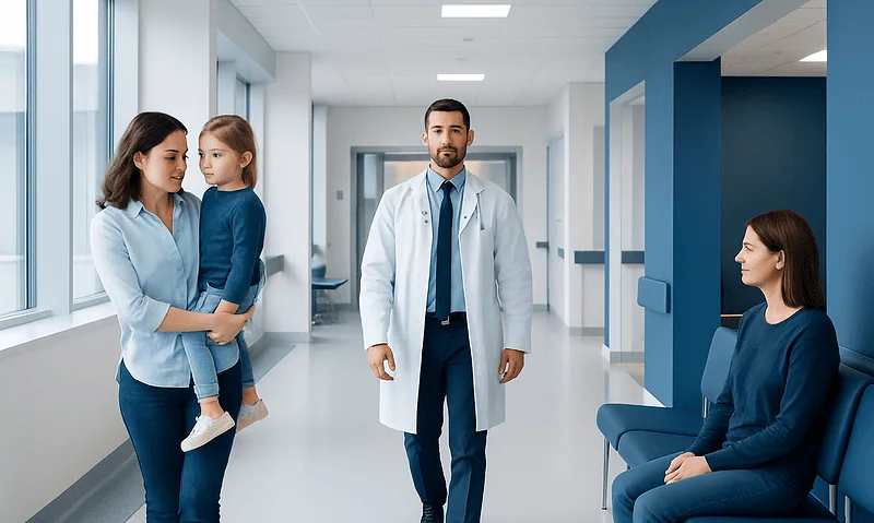 Healthcare professionals and patient in a hospital corridor.