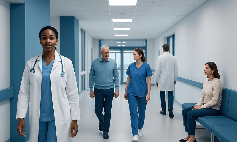 Diverse medical team in hospital corridor with patients and staff.