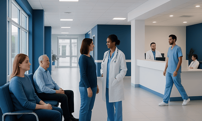 Medical staff and patients in a hospital waiting area at Acibadem Hospitals Group.