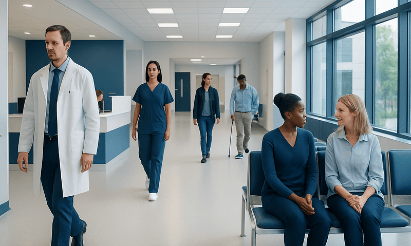 Hospital corridor with medical staff and patients in a modern healthcare facility.