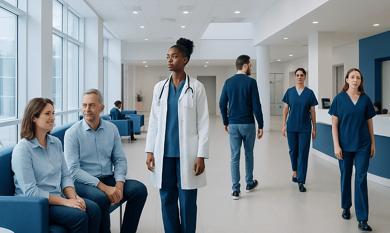 Healthcare professionals and patients in a modern hospital lobby.