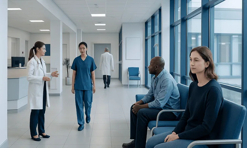 Hospital waiting area with patients and medical staff in a modern healthcare facility.