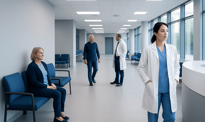 Medical professionals and patient in a modern hospital corridor.