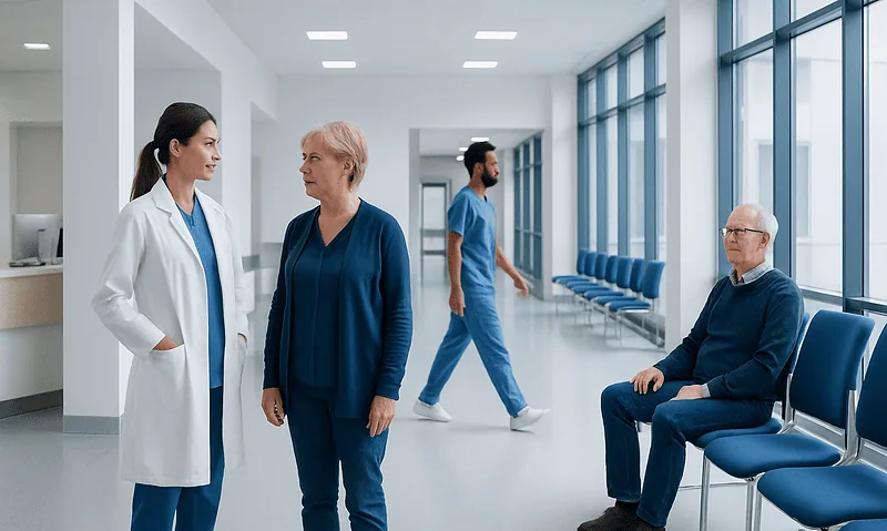Healthcare professionals and patient in a modern hospital corridor.