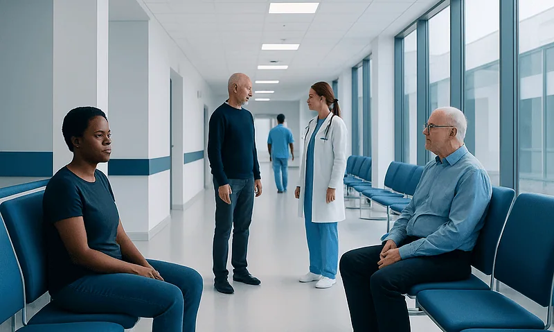 Patients and doctor in hospital corridor at Acibadem Hospitals Group.