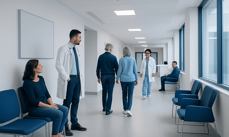Hospital corridor with doctors and patients in a modern medical facility.