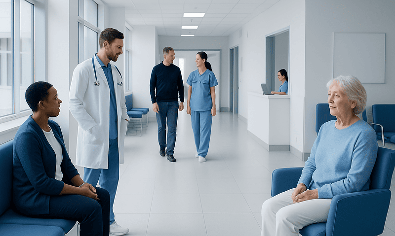 Hospital corridor with medical staff and elderly patient in waiting area.