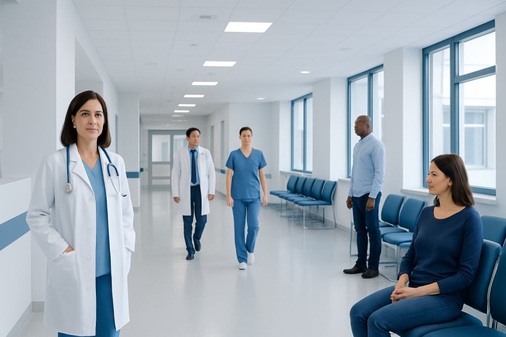 Understanding Mucormycosis: A Complete Patient Guide 1 Medical team in hospital corridor with patient waiting area.