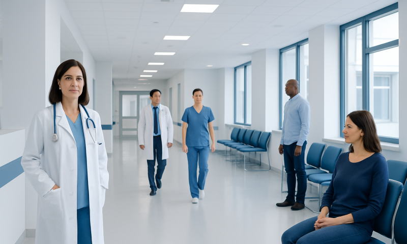 Medical team in hospital corridor with patient waiting area.