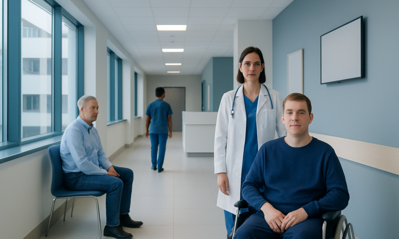 Medical staff and patients in a hospital corridor at Acibadem Hospitals Group.
