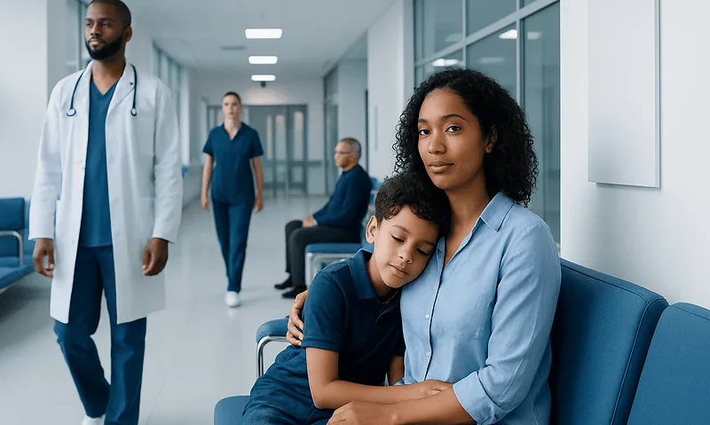 Mother and child waiting in hospital corridor with medical staff nearby.