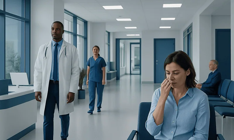 Patient experiencing nasal discomfort in hospital corridor with medical staff nearby.