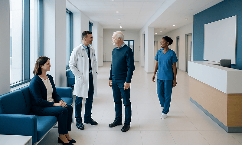 Medical team consulting with patient in hospital corridor.