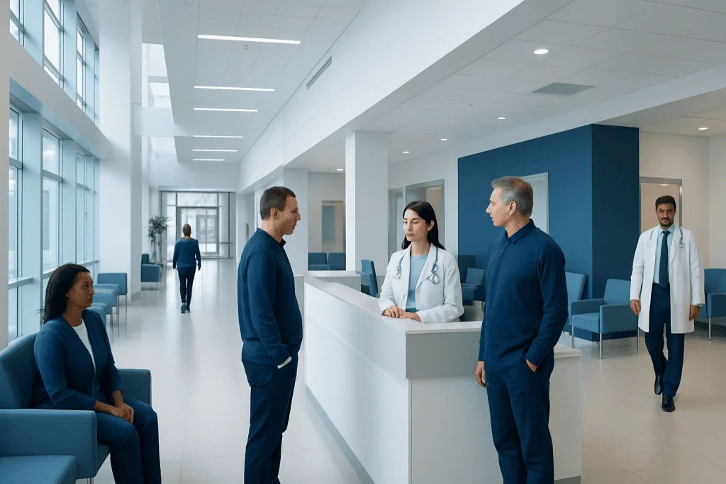 Upward Row Dumbbells: A Complete Medical Overview 1 Modern hospital reception area with staff and patients at Acibadem Hospitals Group.