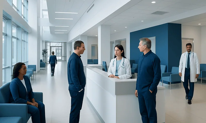 Modern hospital reception area with staff and patients at Acibadem Hospitals Group.