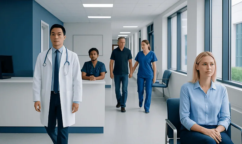 Medical team in hospital corridor with doctor and nurses.