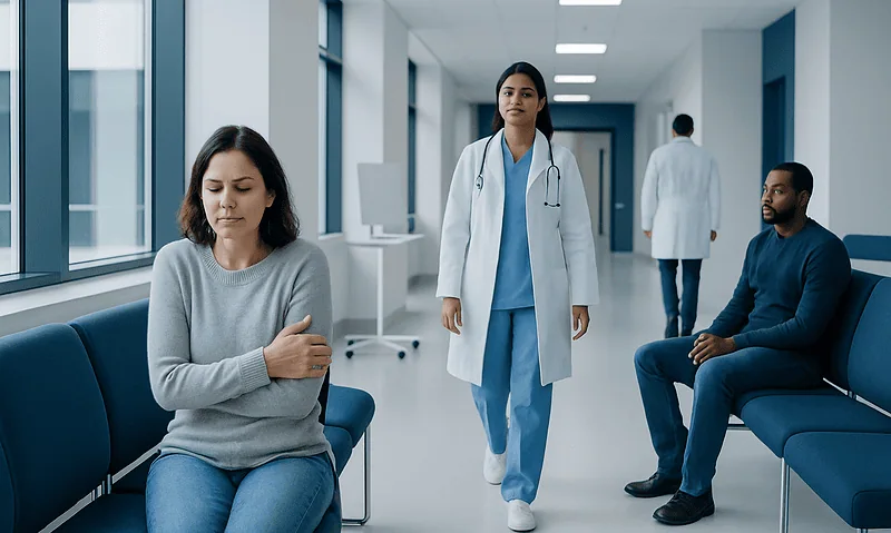Patient experiencing chills in a hospital corridor with medical staff nearby.