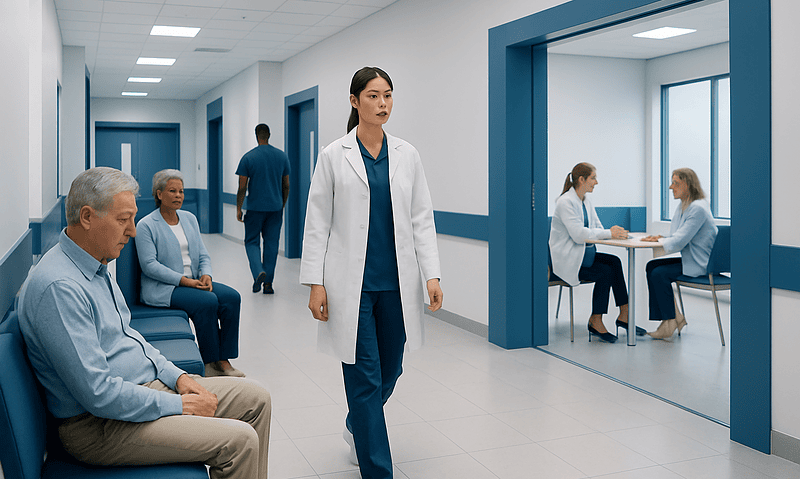 Healthcare professionals and patients in a modern hospital corridor.