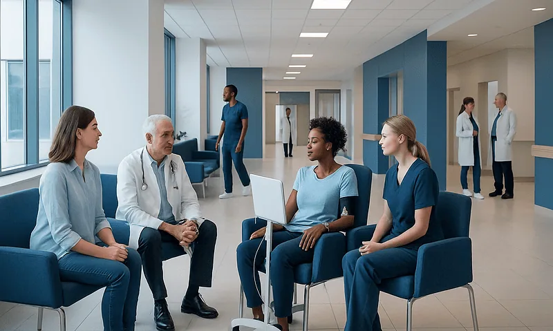 Patients and doctors in a hospital waiting area for biofeedback therapy consultation.